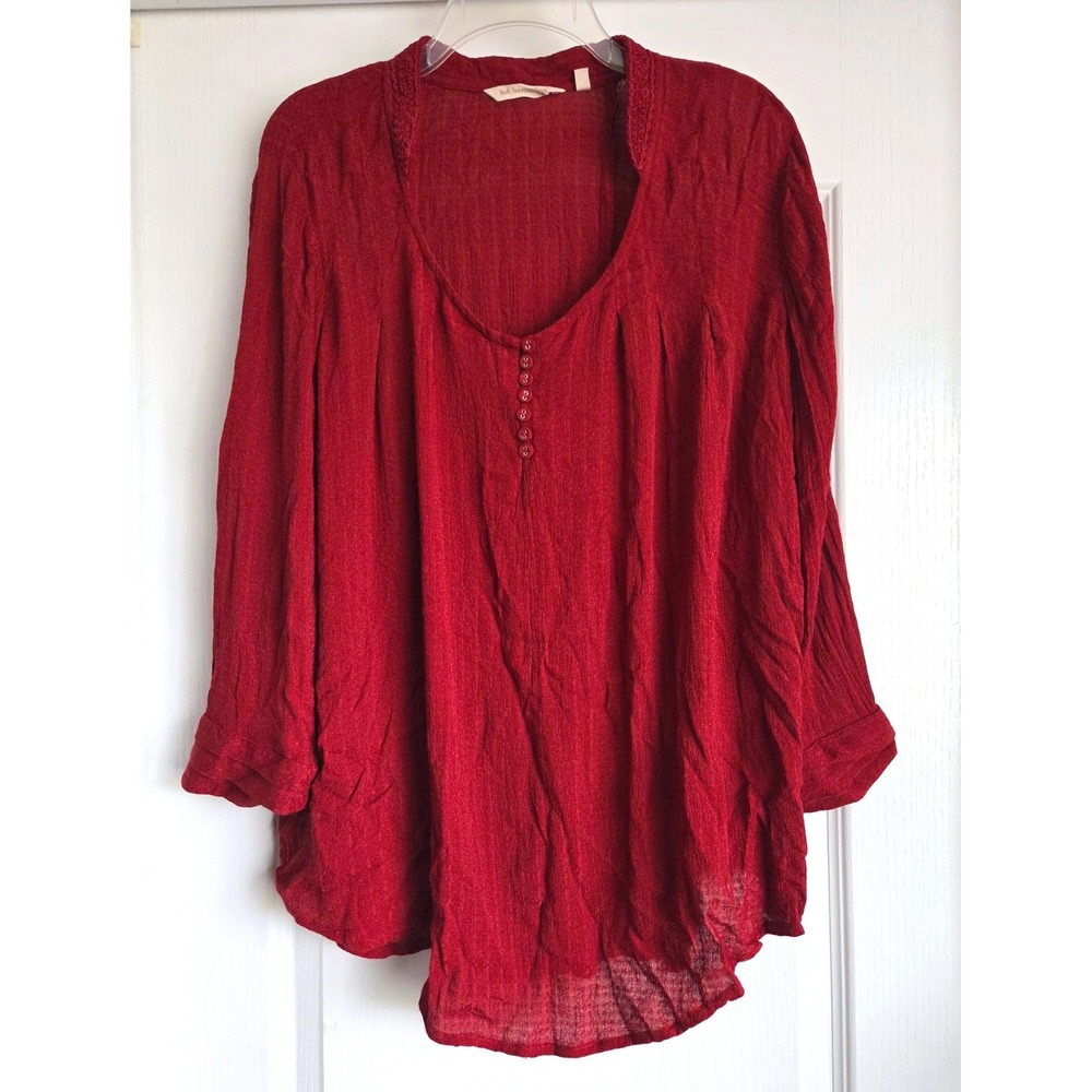 Soft Surroundings Red Crinkle Viscose Button Cuff Blouse Top Sz L Boho